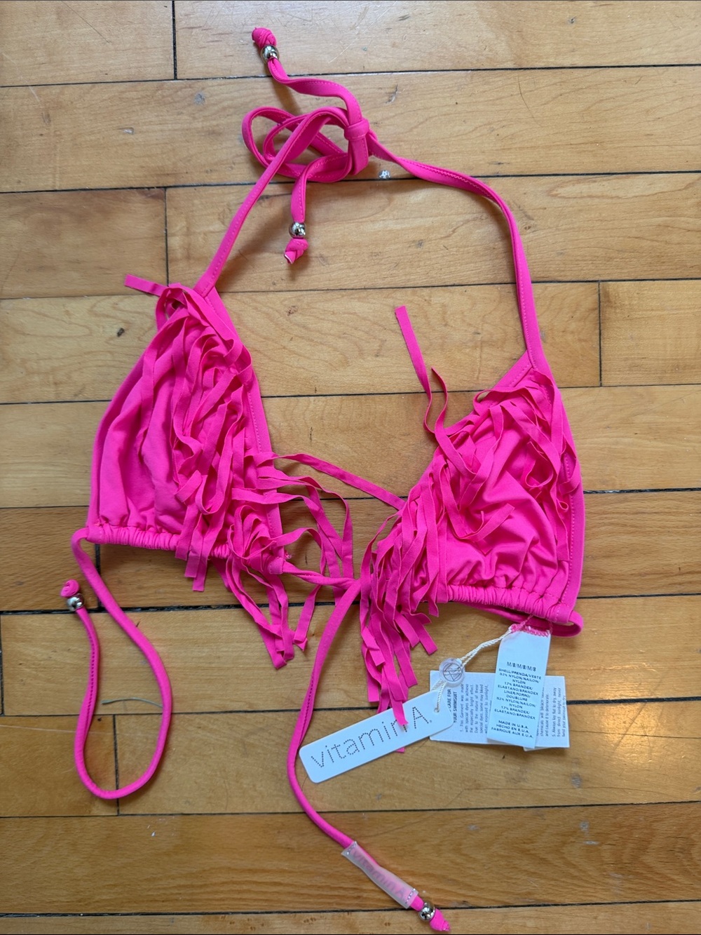Vitamin A Hot Pink Fringed Triangle Bikini Top